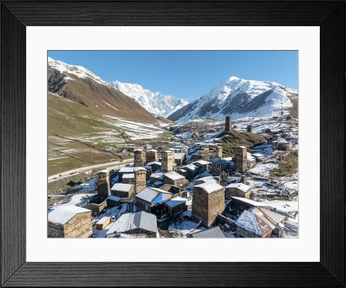 Framed Print : Aerial view of Chvibiani and Zhibiani, Ushguli, Upper Svaneti (Zemo Svaneti), Georgia Framed Print : Aerial view of Chvibiani and Zhibiani, Ushguli, Upper Svaneti (Zemo Svaneti), Georgia