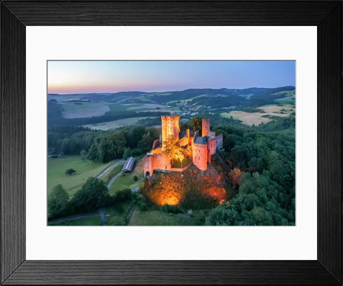 Framed Print : Aerial view on Kasselburg castle at dusk, Gerolstein, Eifel, Rhineland-Palatinate, Germany Framed Print : Aerial view on Kasselburg castle at dusk, Gerolstein, Eifel, Rhineland-Palatinate, Germany