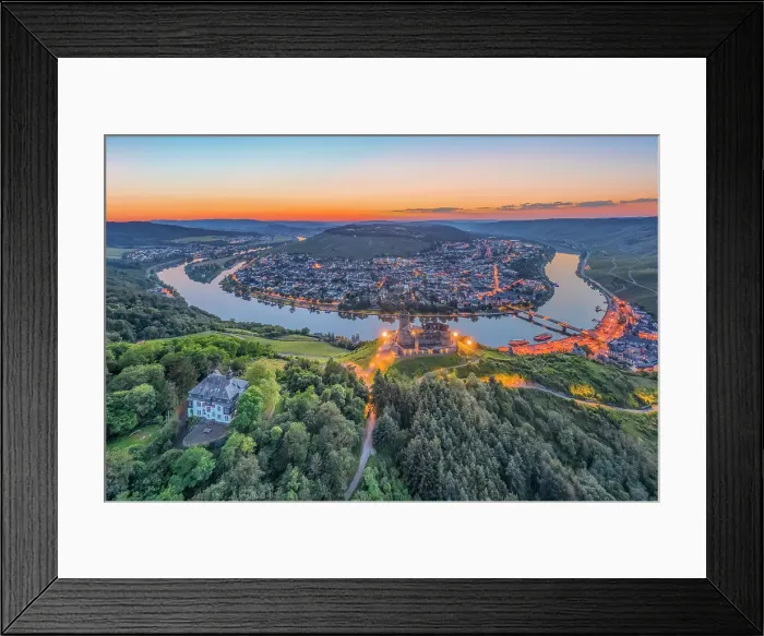 Framed Print : Aerial view at the Landshut castle at dusk, Bernkastel-Kues, Mosel valley, Rhineland-Palatinate, Germany