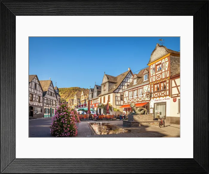 Framed Print : Market square with Tatzelwurm fountain and historic houses, Kobern-Gondorf, Mosel, Rhineland-Palatinate, Germany Framed Print : Market square with Tatzelwurm fountain and historic houses, Kobern-Gondorf, Mosel, Rhineland-Palatinate, Germany