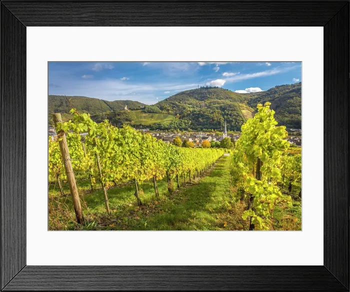 Framed Print : View from the vineyards to Kues with church St. Briktius, Bernkastel-Kues, Mosel, Rhineland-Palatinate, Germany Framed Print : View from the vineyards to Kues with church St. Briktius, Bernkastel-Kues, Mosel, Rhineland-Palatinate, Germany