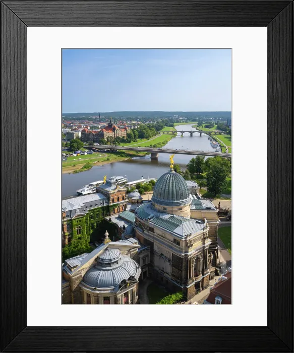 Framed Print : Glass dome of the Academy of Arts with golden Fama near Carola Bridge over Elbe River, Dresden, Saxony, Germany