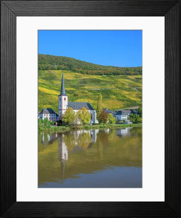 Framed Print : Piesport with church St. Michael, Mosel, Mosel valley, Rhineland-Palatinate, Germany