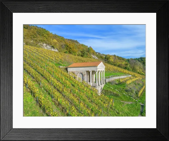 Framed Print : Aerial view at the reconstructed roman temple Grutenhauschen at Igel near Trier, Mosel, Mosel valley, Rhineland-Palatinate, Germany