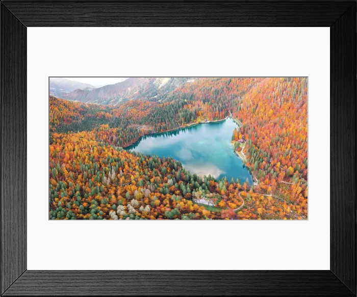 Framed Print : Fusine Lakes in Autumn, Friuli Venezia Giulia, Italy. Aerial view Framed Print : Fusine Lakes in Autumn, Friuli Venezia Giulia, Italy. Aerial view