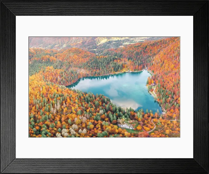 Framed Print : Fusine Lakes in Autumn, Friuli Venezia Giulia, Italy. Aerial view Framed Print : Fusine Lakes in Autumn, Friuli Venezia Giulia, Italy. Aerial view