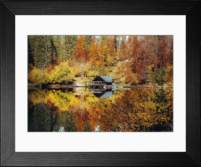 Framed Print : Cabin at Fusine Lakes in Autumn, Friuli Venezia Giulia, Italy Framed Print : Cabin at Fusine Lakes in Autumn, Friuli Venezia Giulia, Italy
