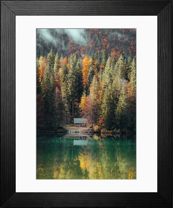 Framed Print : Cabin reflection at Fusine Lakes in Autumn, Friuli Venezia Giulia, Italy Framed Print : Cabin reflection at Fusine Lakes in Autumn, Friuli Venezia Giulia, Italy