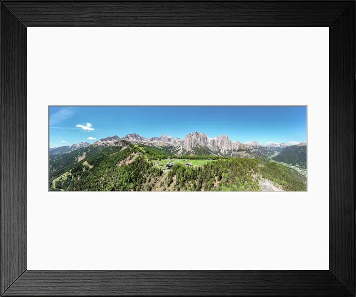 Framed Print : Clear sky over Ciampedie hut with Catinaccio Rosengarten and Sass Pordoi on background, Val di Fassa, Dolomites, South Tyrol, Italy Framed Print : Clear sky over Ciampedie hut with Catinaccio Rosengarten and Sass Pordoi on background, Val di Fassa, Dolomites, South Tyrol, Italy