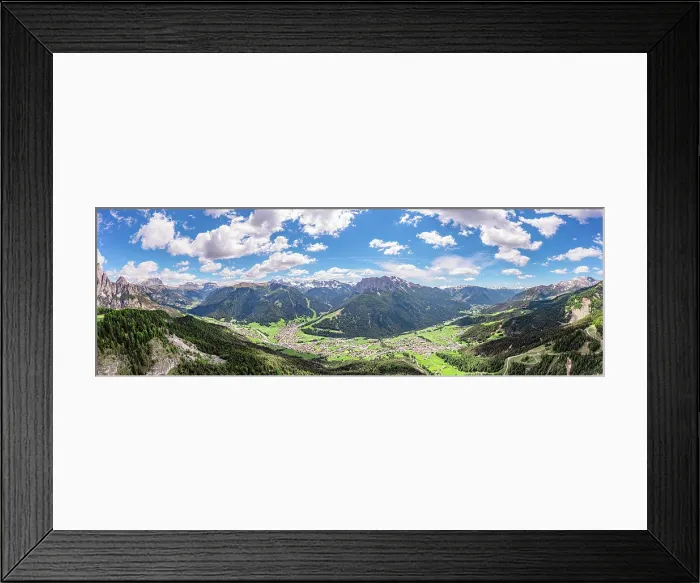 Framed Print : Aerial panoramic of mountains and alpine villages of the green Val di Fassa in spring, Dolomites, South Tyrol, Italy Framed Print : Aerial panoramic of mountains and alpine villages of the green Val di Fassa in spring, Dolomites, South Tyrol, Italy