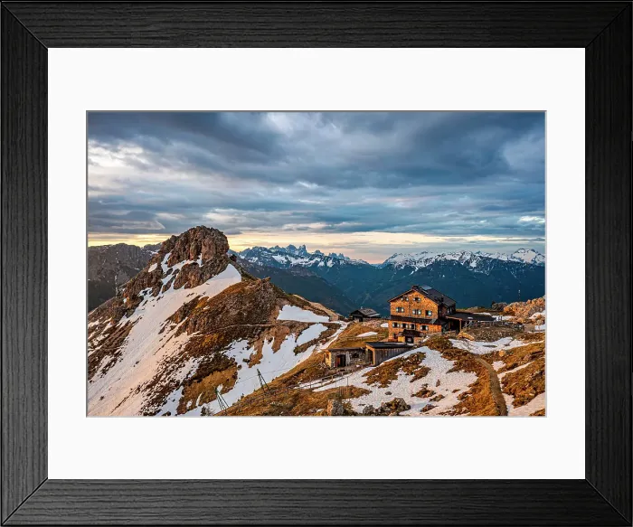 Framed Print : Dramatic sky with clouds at dawn over Roda di Vael hut on mountain top, aerial view, Val di Fassa, South Tyrol, Dolomites, Italy Framed Print : Dramatic sky with clouds at dawn over Roda di Vael hut on mountain top, aerial view, Val di Fassa, South Tyrol, Dolomites, Italy