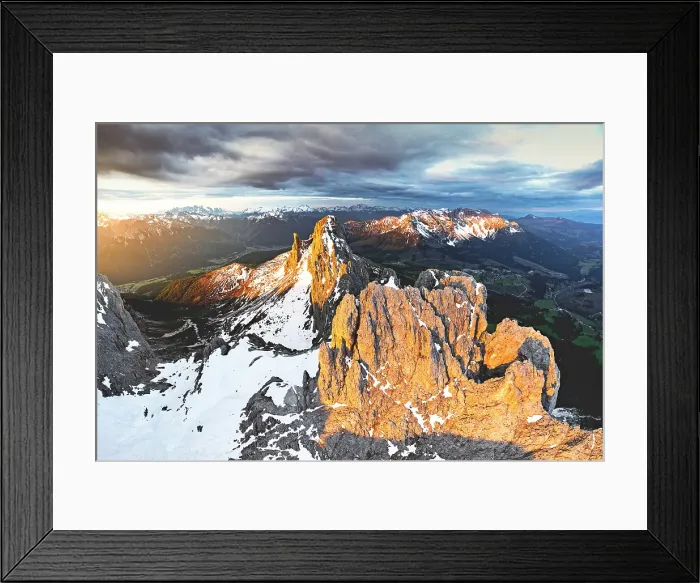 Framed Print : Dramatic sunrise over Roda di Vael, Catinaccio Rosengarten and Latemar mountains, Val di Fassa, South Tyrol, Dolomites, Italy Framed Print : Dramatic sunrise over Roda di Vael, Catinaccio Rosengarten and Latemar mountains, Val di Fassa, South Tyrol, Dolomites, Italy