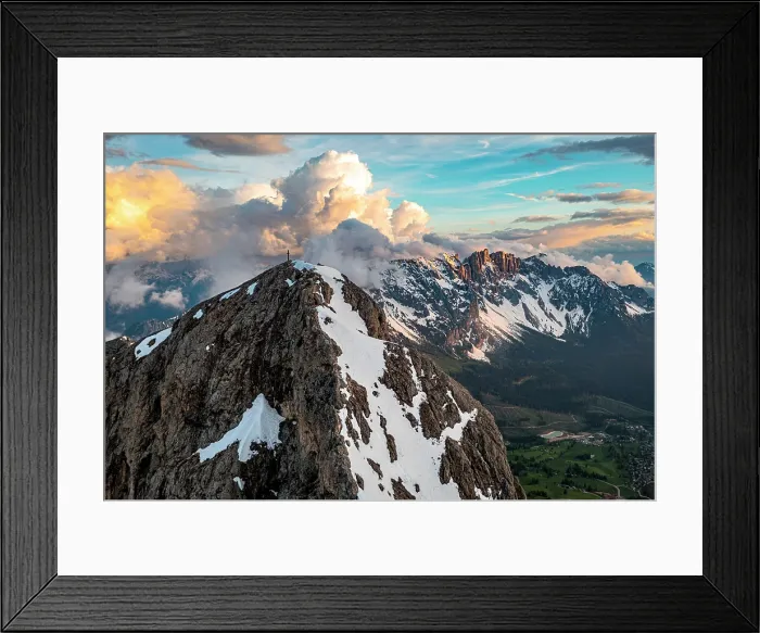 Framed Print : Aerial view of summit cross on Roda di Vael snowy peak and Latemar range at sunset, Val di Fassa, Dolomites, South Tyrol, Italy Framed Print : Aerial view of summit cross on Roda di Vael snowy peak and Latemar range at sunset, Val di Fassa, Dolomites, South Tyrol, Italy