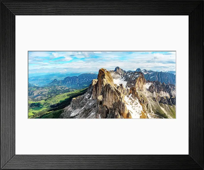 Framed Print : Aerial view of of Roda di Vael rock peaks and Catinaccio Rosengarten mountain range, Dolomites, Val di Fassa, South Tyrol, Italy Framed Print : Aerial view of of Roda di Vael rock peaks and Catinaccio Rosengarten mountain range, Dolomites, Val di Fassa, South Tyrol, Italy