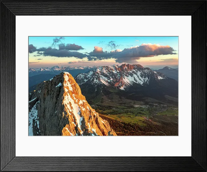 Framed Print : Aerial view of Roda Di Vael peak and Latemar mountain range at sunset, Val di Fassa, Dolomites, South Tyrol, Italy Framed Print : Aerial view of Roda Di Vael peak and Latemar mountain range at sunset, Val di Fassa, Dolomites, South Tyrol, Italy