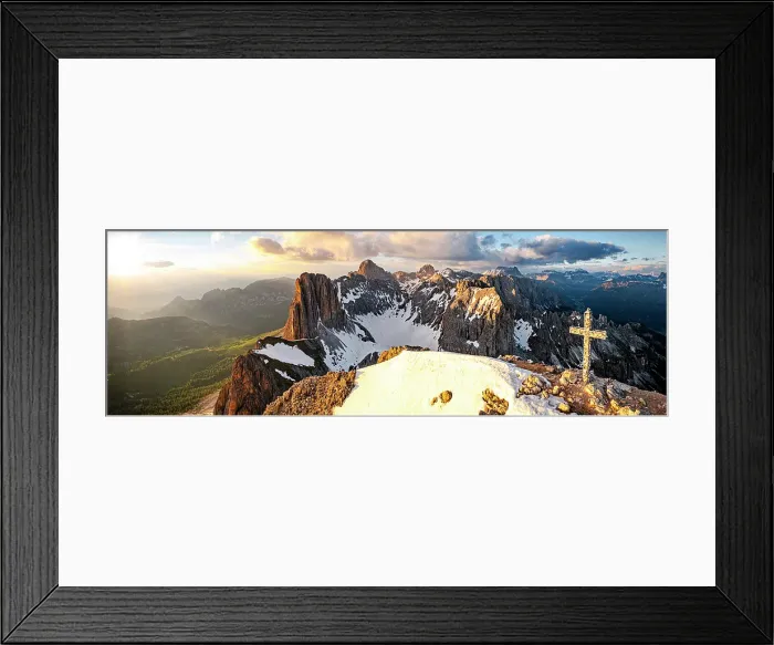 Framed Print : Catinaccio Rosengarten mountain range view from the summit cross on Roda di Vael at sunset, Dolomites, South Tyrol, Italy