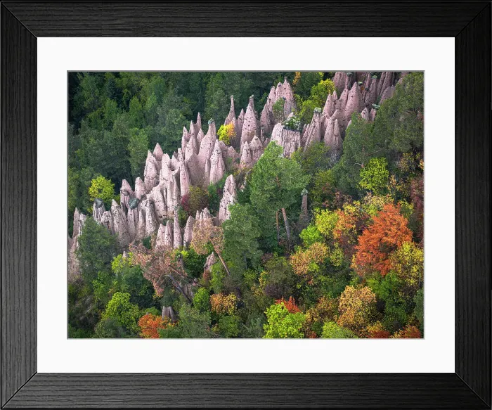 Framed Print : Aerial view of the earth pyramids in the autumn woods, Longomoso, Renon / Ritten, Bolzano, South Tyrol, Italy Framed Print : Aerial view of the earth pyramids in the autumn woods, Longomoso, Renon / Ritten, Bolzano, South Tyrol, Italy