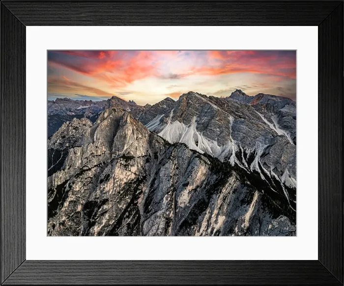 Framed Print : Aerial view of Gametzalpenkopf and Croda Rossa D'Ampezzo peaks under a scenic sunset sky, Braies, Dolomites, South Tyrol, Italy Framed Print : Aerial view of Gametzalpenkopf and Croda Rossa D'Ampezzo peaks under a scenic sunset sky, Braies, Dolomites, South Tyrol, Italy