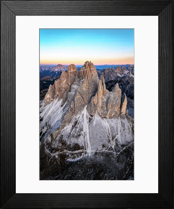 Framed Print : Aerial view of Tre Cime di Lavaredo rocky peaks at dawn in autumn, Sesto Dolomites, Bolzano province, South Tyrol, Italy Framed Print : Aerial view of Tre Cime di Lavaredo rocky peaks at dawn in autumn, Sesto Dolomites, Bolzano province, South Tyrol, Italy