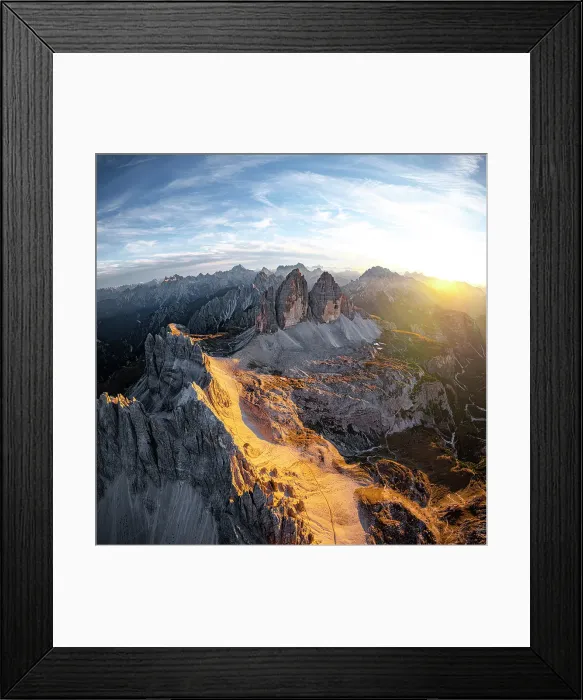 Framed Print : Aerial panoramic of Tre Cime Di Lavaredo, Monte Paterno (Paternkofel) and Cadini Di Misurina at sunset, Dolomites, Italy Framed Print : Aerial panoramic of Tre Cime Di Lavaredo, Monte Paterno (Paternkofel) and Cadini Di Misurina at sunset, Dolomites, Italy