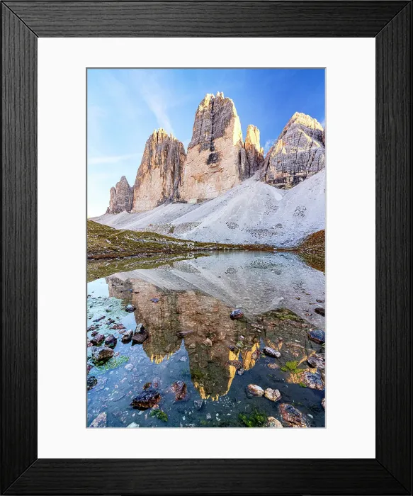 Framed Print : Tre Cime di Lavaredo peaks mirrored in the pristine Grava Longa lakes at sunset, Sesto Dolomites Natural Park, South Tyrol, Italy Framed Print : Tre Cime di Lavaredo peaks mirrored in the pristine Grava Longa lakes at sunset, Sesto Dolomites Natural Park, South Tyrol, Italy