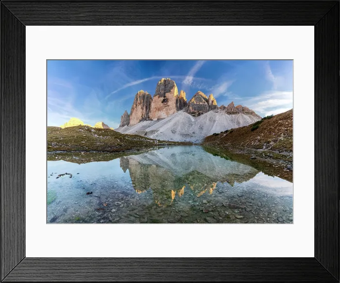 Framed Print : Grava Longa lakes at feet of Tre Cime di Lavaredo at sunset, Sesto Dolomites Natural Park, South Tyrol, Italy Framed Print : Grava Longa lakes at feet of Tre Cime di Lavaredo at sunset, Sesto Dolomites Natural Park, South Tyrol, Italy