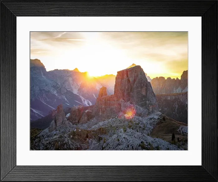 Framed Print : Aerial view of the warm autumn sunrise over Cinque Torri mountains, Ampezzo Dolomites Natural Park, Belluno, Veneto, Italy Framed Print : Aerial view of the warm autumn sunrise over Cinque Torri mountains, Ampezzo Dolomites Natural Park, Belluno, Veneto, Italy