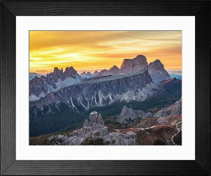 Framed Print : Scenic sunrise over Cinque Torri, Cima Ambrizzola, Lastoi De Formin and Monte Pelmo, aerial view, Dolomites, Veneto, Italy Framed Print : Scenic sunrise over Cinque Torri, Cima Ambrizzola, Lastoi De Formin and Monte Pelmo, aerial view, Dolomites, Veneto, Italy