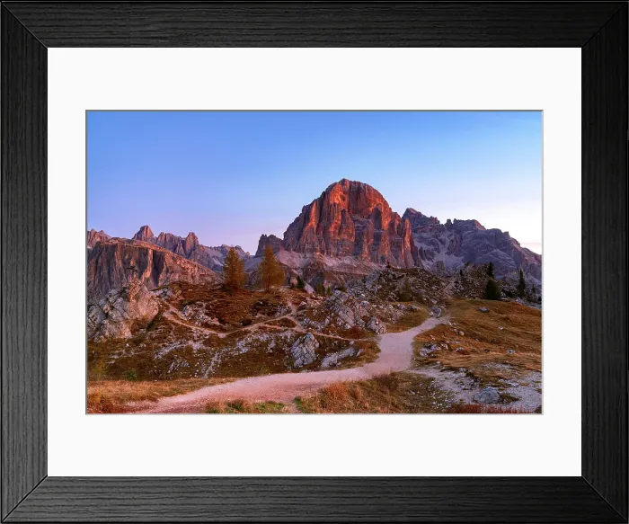 Framed Print : Empty hiking path towards the majestic Tofana di Rozes mountain at dawn in autumn, Ampezzo Dolomites, Belluno, Veneto, Italy Framed Print : Empty hiking path towards the majestic Tofana di Rozes mountain at dawn in autumn, Ampezzo Dolomites, Belluno, Veneto, Italy