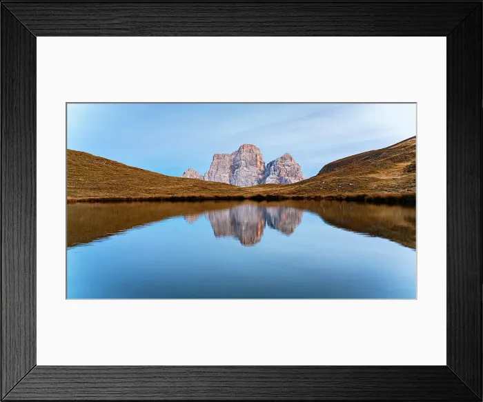 Framed Print : Monte Pelmo rock peak reflecting in the pristine water of Lago delle Baste lake at sunset in autumn, Dolomites, Veneto, Italy Framed Print : Monte Pelmo rock peak reflecting in the pristine water of Lago delle Baste lake at sunset in autumn, Dolomites, Veneto, Italy