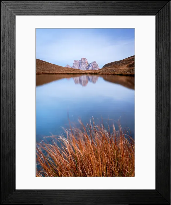 Framed Print : Autumn sunset over Monte Pelmo peak perfectly mirrored in the pristine water of Lago delle Baste lake, Dolomites, Veneto, Italy Framed Print : Autumn sunset over Monte Pelmo peak perfectly mirrored in the pristine water of Lago delle Baste lake, Dolomites, Veneto, Italy