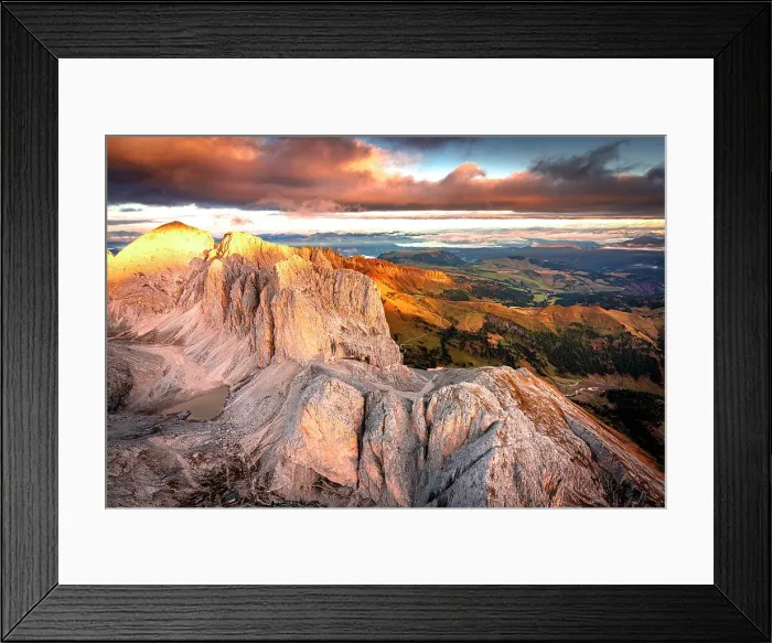 Framed Print : Aerial view of Catinaccio (Rosengarten), Antermoia lake and Croda Del Lago mountain at dawn in autumn, Dolomites, Italy Framed Print : Aerial view of Catinaccio (Rosengarten), Antermoia lake and Croda Del Lago mountain at dawn in autumn, Dolomites, Italy