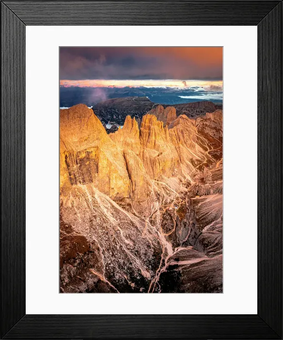 Framed Print : Aerial view of Catinaccio (Rosengarten) and Torri Del Vajolet mountains during a warm autumn sunrise, Dolomites, Italy Framed Print : Aerial view of Catinaccio (Rosengarten) and Torri Del Vajolet mountains during a warm autumn sunrise, Dolomites, Italy