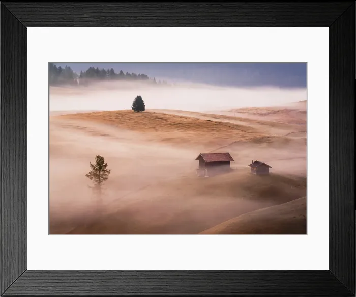 Framed Print : Lone mountain hut on rolling meadows in autumn fog, Seiser Alm, Dolomites, South Tyrol, Italy