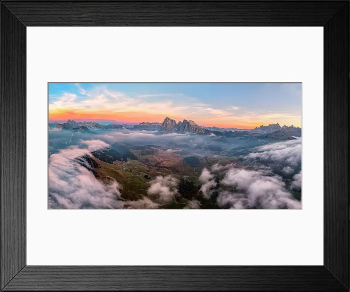 Framed Print : Aerial view of Sassolungo and Sassopiatto on a misty autumn sunrise, Seiser Alm, Dolomites, South Tyrol, Italy Framed Print : Aerial view of Sassolungo and Sassopiatto on a misty autumn sunrise, Seiser Alm, Dolomites, South Tyrol, Italy