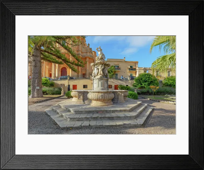 Framed Print : View of Hercules fountain and San Domenico church in the background, Noto Valley, Sicily, Italy Framed Print : View of Hercules fountain and San Domenico church in the background, Noto Valley, Sicily, Italy