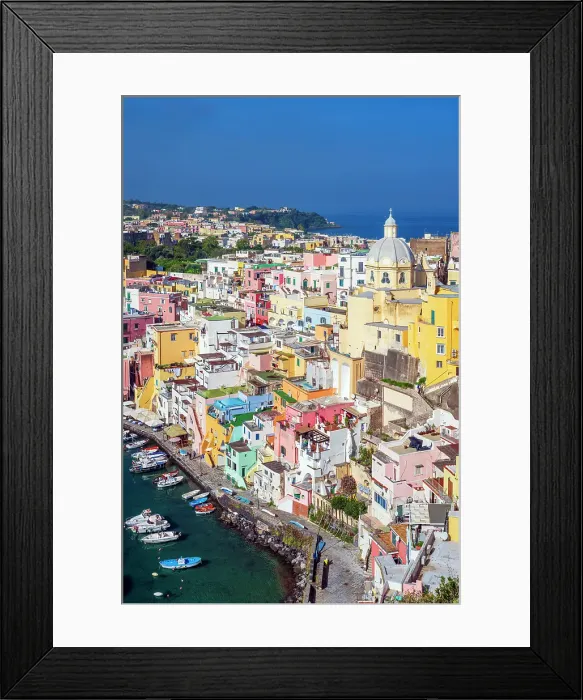 Framed Print : Scenic view of the colorful fishing village of Corricella, Procida, Campania, Italy Framed Print : Scenic view of the colorful fishing village of Corricella, Procida, Campania, Italy