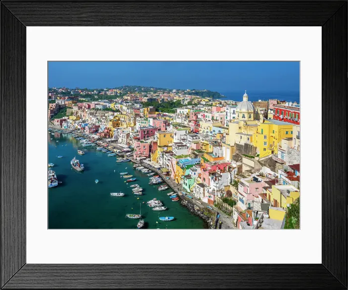 Framed Print : Scenic view of the colorful fishing village of Corricella, Procida, Campania, Italy Framed Print : Scenic view of the colorful fishing village of Corricella, Procida, Campania, Italy