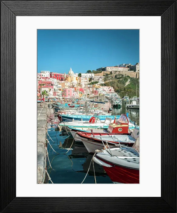 Framed Print : Rows of fishing boats moored in the harbor of Procida island, Gulf of Naples, Campania, Italy Framed Print : Rows of fishing boats moored in the harbor of Procida island, Gulf of Naples, Campania, Italy