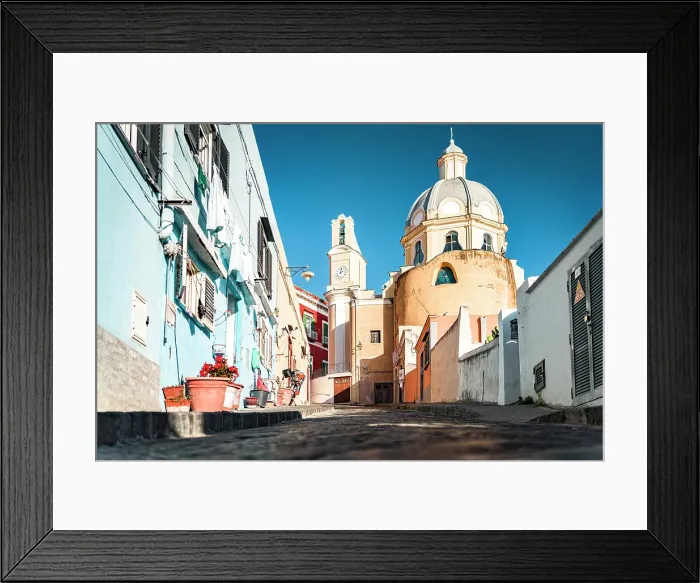 Framed Print : Old alleys and Santa Maria Delle Grazie church in La Corricella fishing village, Procida island, Gulf of Naples, Campania, Italy Framed Print : Old alleys and Santa Maria Delle Grazie church in La Corricella fishing village, Procida island, Gulf of Naples, Campania, Italy
