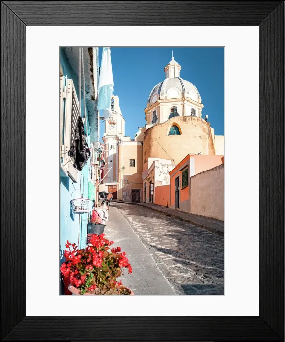 Framed Print : Colorful houses and church in the uphill alleys, Procida island, Gulf of Naples, Campania, Italy Framed Print : Colorful houses and church in the uphill alleys, Procida island, Gulf of Naples, Campania, Italy