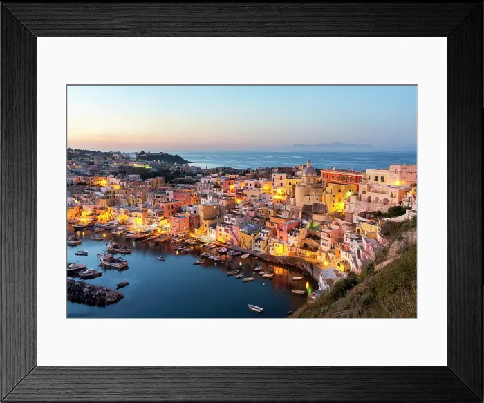 Framed Print : High angle view of the picturesque old town and harbor at dusk, Procida island, Gulf of Naples, Campania, Italy Framed Print : High angle view of the picturesque old town and harbor at dusk, Procida island, Gulf of Naples, Campania, Italy