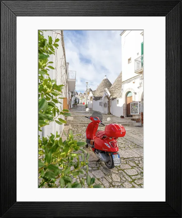 Framed Print : Italian red Vespa Piaggio in Alberobello, Apulia, Italy Framed Print : Italian red Vespa Piaggio in Alberobello, Apulia, Italy