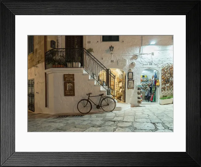 Framed Print : Shop and bicycle, whitewashed walls, Ostuni, Puglia Framed Print : Shop and bicycle, whitewashed walls, Ostuni, Puglia