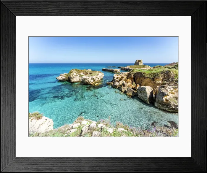 Framed Print : Salento, Roca Vecchia archaeological site with turquoise sea. Puglia, Italy Framed Print : Salento, Roca Vecchia archaeological site with turquoise sea. Puglia, Italy