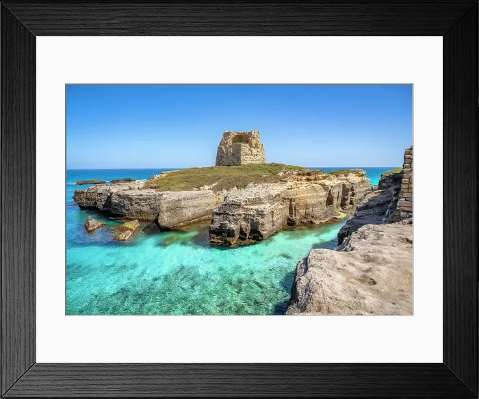 Framed Print : Salento, Roca Vecchia archaeological site with turquoise sea. Puglia, Italy Framed Print : Salento, Roca Vecchia archaeological site with turquoise sea. Puglia, Italy