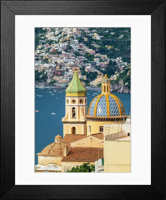 Framed Print : Church of San Gennaro with the colorful houses of Positano in the background, Praiano, Campania, Italy Framed Print : Church of San Gennaro with the colorful houses of Positano in the background, Praiano, Campania, Italy