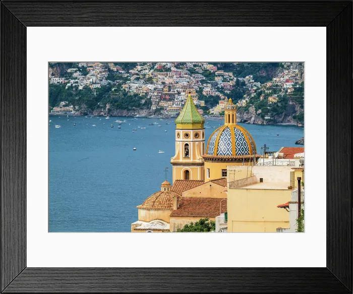 Framed Print : Church of San Gennaro with the colorful houses of Positano in the background, Praiano, Campania, Italy Framed Print : Church of San Gennaro with the colorful houses of Positano in the background, Praiano, Campania, Italy