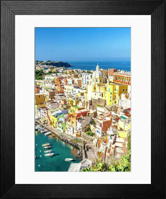 Framed Print : Picturesque fishing village of La Corricella and harbor view from hilltop, Procida island, Gulf of Naples, Campania, Italy Framed Print : Picturesque fishing village of La Corricella and harbor view from hilltop, Procida island, Gulf of Naples, Campania, Italy