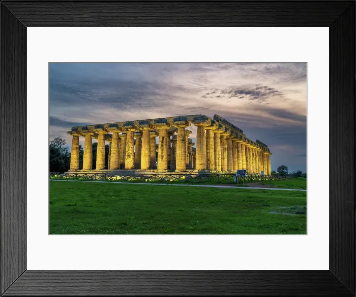 Framed Print : First Temple of Hera lit up at dusk, Paestum, Campania, Italy Framed Print : First Temple of Hera lit up at dusk, Paestum, Campania, Italy